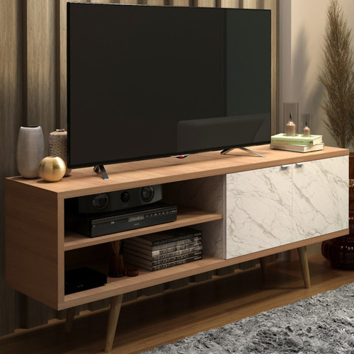 Rack Para Tv 55 Pol 160 Cm 2 Portas R1482 Amendoa Marmore Branco