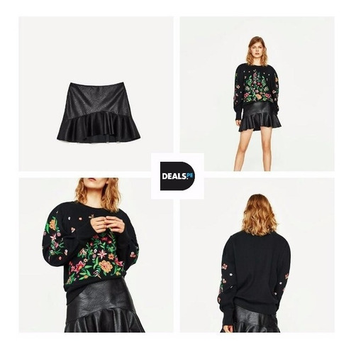 Falda Zara Tipo Cuero Negro Con Bobos Talla M