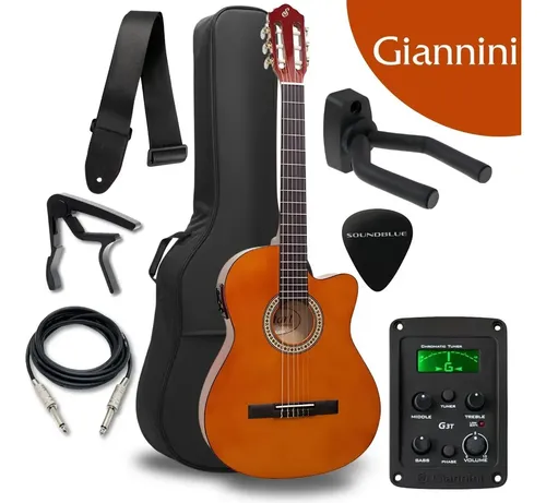 Foto de Kit Violao Giannini Eletroacustico Corda Nylon Destro Flat Cutaway Nailon Profissional Eletrico Acustico Estudo Iniciante Natural Acessorios Completo Soundblue Afinador Correia Capa Cabo Capotraste