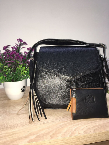 Bolso Negro Cuero 100% Mujer Estilo Carriel Envio Gratis