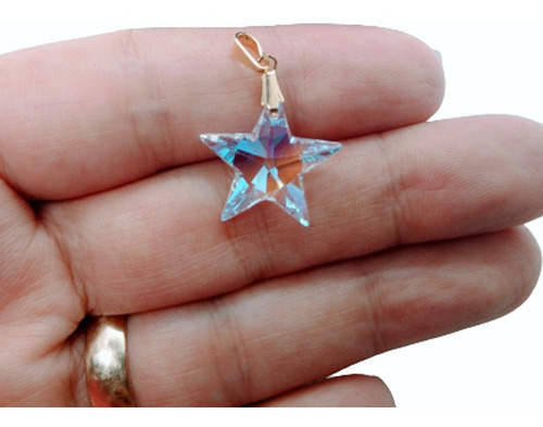 Pingente Estrela Cristal Swarovski 2.0 Cm Blue Folh. Ouro