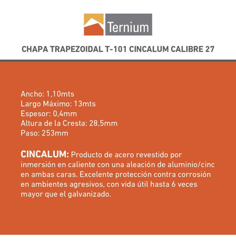 Imagen 9 de 10 de Chapa Trapezoidal Cincalum Por 5 Mts De Largo Calibre C27