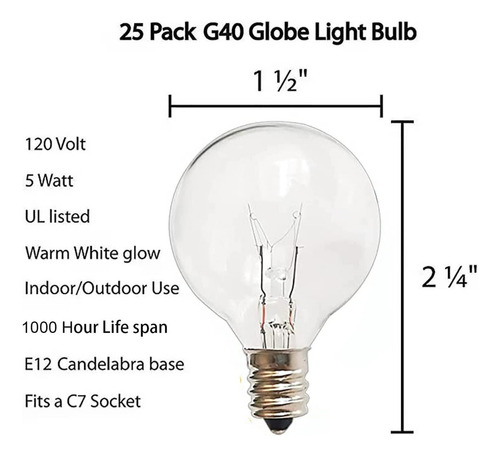 - 25 G40 Focos E12 5 W Exterior Repuestos Luces 120 V An