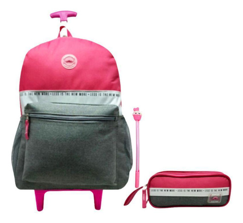 Mochila Feminina Rodinhas Moderna Adulto Juvenil Rosa Estojo