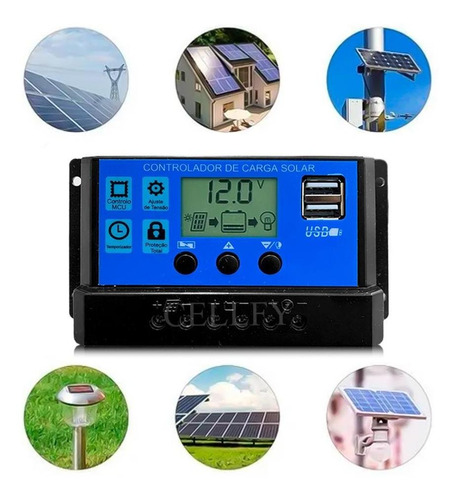 Voltímetro Painel Digital De Carga Solar Pwm Lcd Usb 20a