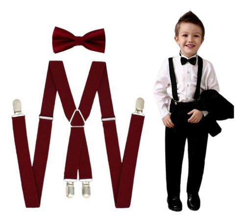 Paquete Especial 17 Tirantes Con Moño Ajustables Para Niño Vino Tinto Liso
