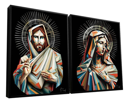 Quadro Jesus E Maria Geométricos | 2 Peças | Gigante 124x93