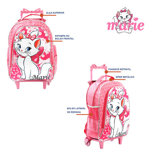 Kit de mochila escolar infantil Gata Marie con ruedas rosas