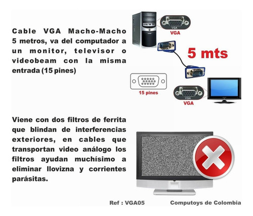 Imagen 4 de 6 de Cable Vga Blindado Filtros 5 Mts Ref: Vga05 Computoys Sas