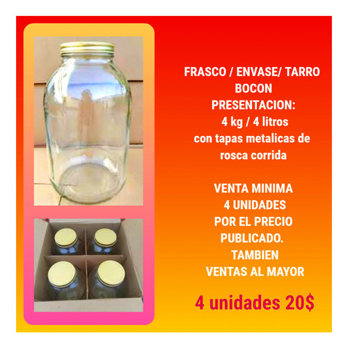 Frasco/envase De  4000cc/ Ml/ 4litros Con Tapa Metalica