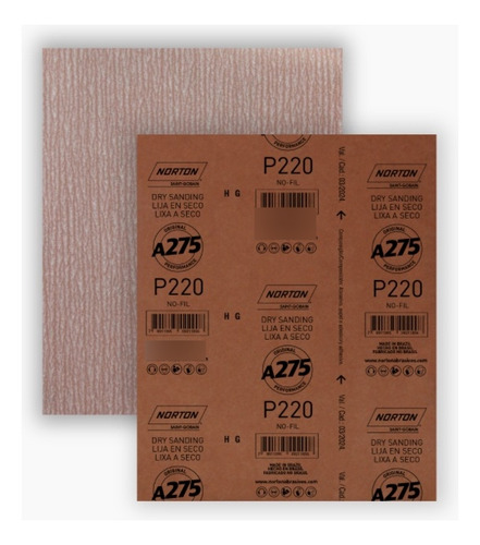 25 Folhas Lixa Norton Seco A275 Grão 220 Pacote C/25unidades