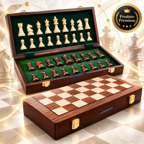 Jogo Xadrez Tabuleiro De Madeira Profissional Magnético 29cm