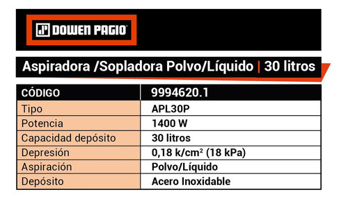 Imagen 7 de 10 de Aspiradora Polvo Liquido 30 L 1400 W Dowen Pagio 9994620.1