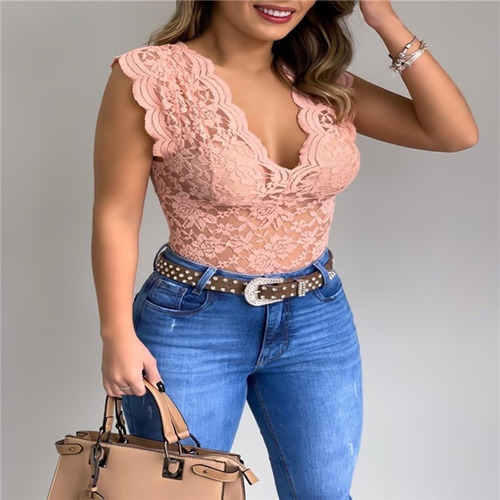 Body Sin Mangas Sexy Con Cuello En V Para Mujer Encaje Solid