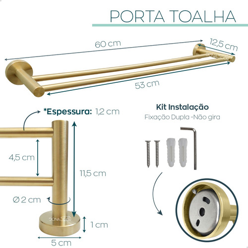 Suporte Duplo Toalha Inox304 Toalheiro Dourado 60cm Banheiro