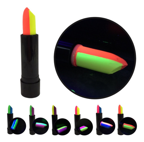 Imagen 1 de 10 de Labial Bicolor Fluo Glow Pinta Cara Maquillaj Brilla Luz Uv