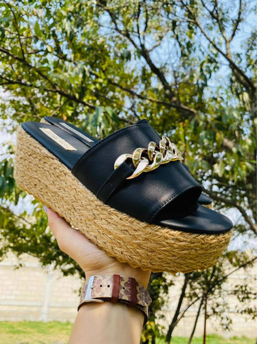 Sandalias Mujer Plataforma  Negro Con Oro