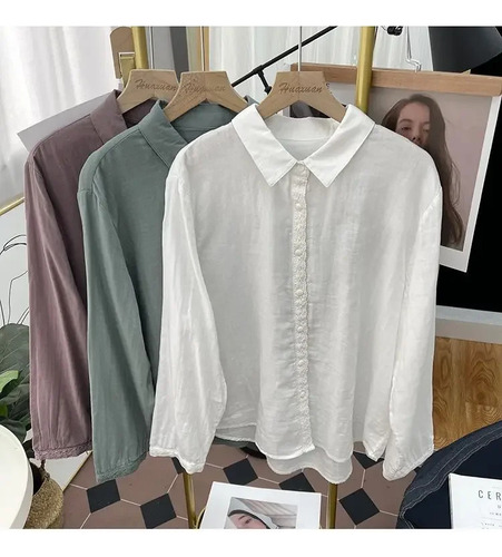 Camisa De Manga Larga Con Encaje Y Algodón Para Mujer