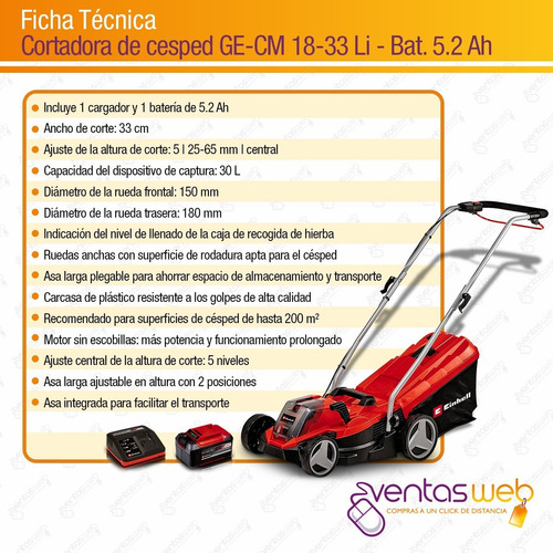 Imagen 8 de 9 de Cortadora D Cesped Inalambrica Einhell 33cm Bateria 5,2 Amp