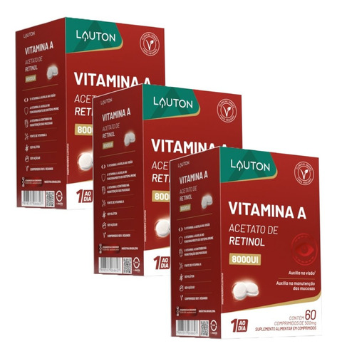 Kit 3x Vitamina A 8.000 Ui 60 Comprimidos - Lauton Sabor Sem Sabor