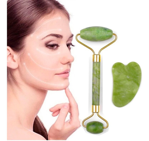 Rodillo Jade Masaje Facial Linfático + Piedra Gua Sha