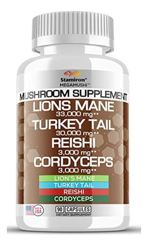 Lions Mane Supplement 33,000mg Turkey Tail Mushroom Capsules