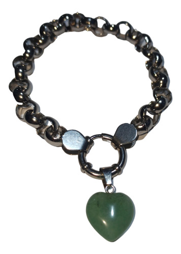 Pulsera Rolo Acero Quirúrgico Con Dije Cuarzo Verde Corazón 