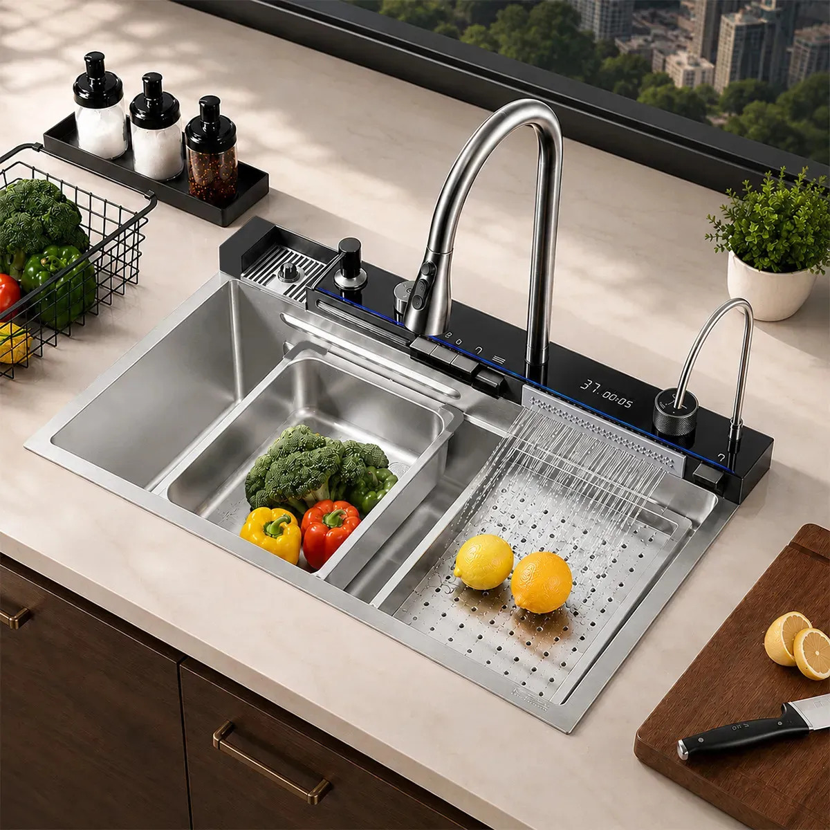 Pia de Cozinha Gourmet Retangular de Inox 304 com Torneira Digital e LED 80x45cm