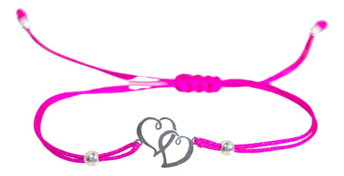 Pulsera Hilo Rosa Doble Corazon Plata Ley 925 Ajustable B808