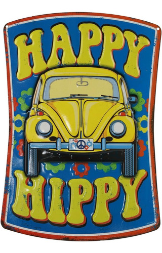 Volkswagen Yellow Beetle Car Happy Hippy Retro Tin Meta...
