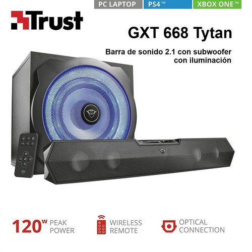 Imagen 2 de 10 de Barra De Sonido / Subwoofer 2.1 Trust Gxt 668 Tytan / Óptico