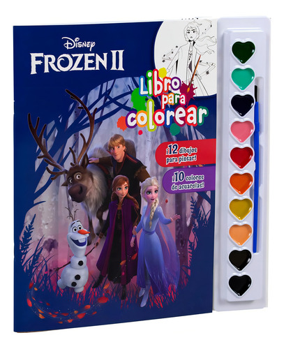 Disney Frozen 2. Libro Para Colorear (incluye 12 Dibujos Para Pintar + 10 Colores De Acuarelas + Un Pincel), De Silver Dolphin. Editorial Silver Dolphin Infantil, Tapa Blanda En Español, 1