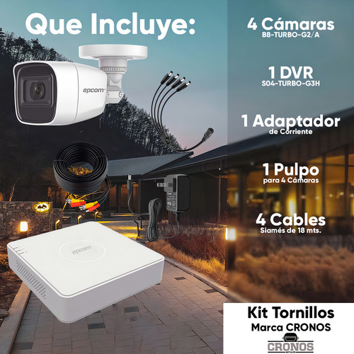 Epcom Kit De Camaras De Seguridad Exterior Video Vigilancia Turbohd Con Microfono Integrado Modelo B8-mic-plus 2mp Cctv Cámaras Bala Metalicas Con Cables Para Audio Por Coaxitron De 18 Mts.