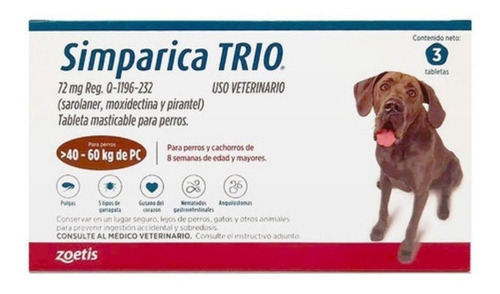 Imagen 1 de 1 de Simparica Trio Perro 3 Tab 40 A 60 Kg Mejor Que Bravecto