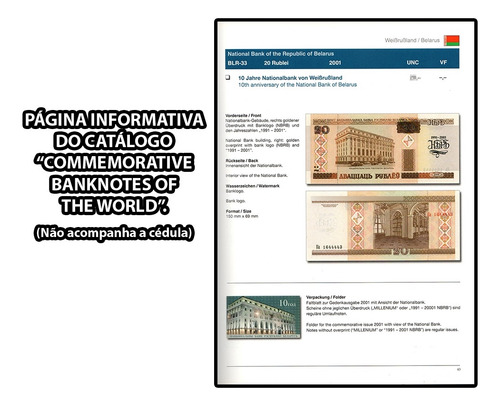 Rara Belarus 20 Rublos 2001 P33 Fe Comemorativa Com Folder