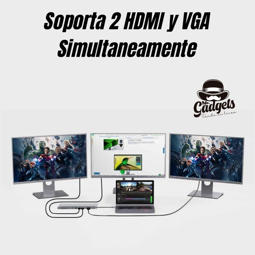12 En 1 Usb Hub Adaptador 3.0 Tipo C Rj45 2x Hdmi Para Mac