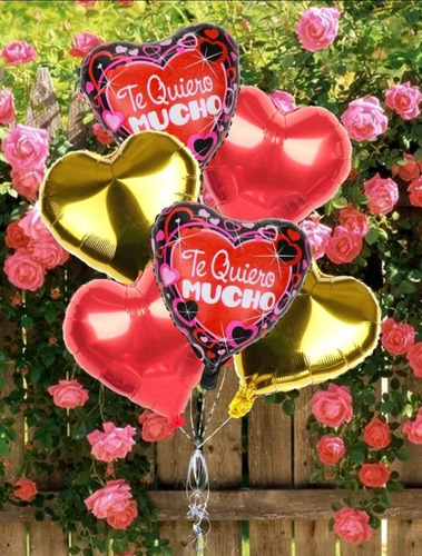 Set De 6 Globos Corazón Amor San Valentin Dorado Rojo