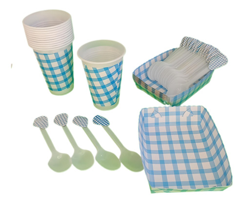 Kit  Picnic Azul Claro Vasos+cubertos+bandejas 12inv