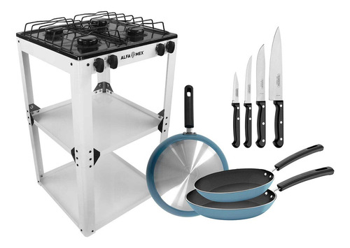 Parrilla De Estante Alfamex + Cuchillos + Sartenes Color Blanco
