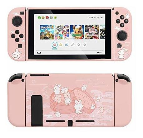 Carcasa Para Nintendo Switch Color Rosa Con Conejos Blancos