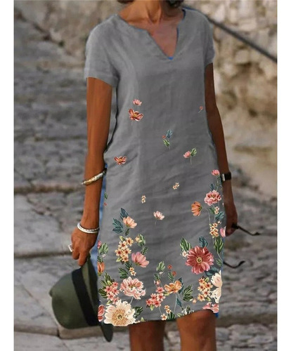 Vestido Casual Con Flores De Algodón Y Lino Para Mujer, Tall
