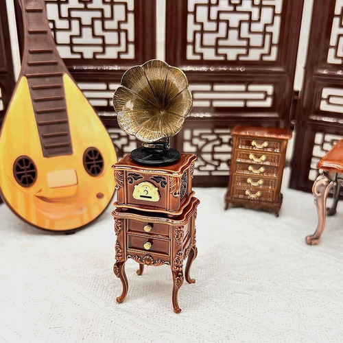 Mini Fonógrafo Gramófono En Miniatura Con Mueble,