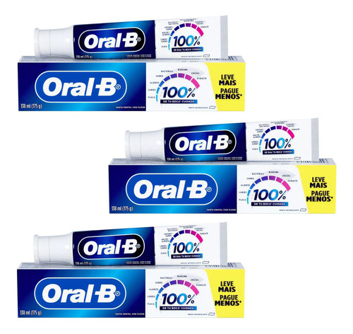 Oral B Pasta Dental Con Fluor Boca Cuidada 100% 175g Pack X3