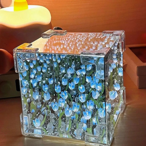 Cubo Tulipanes Infinito Lampara Noche Cubo Espejo Romantico Estructura Azul Pantalla Blanco Azul Blanco