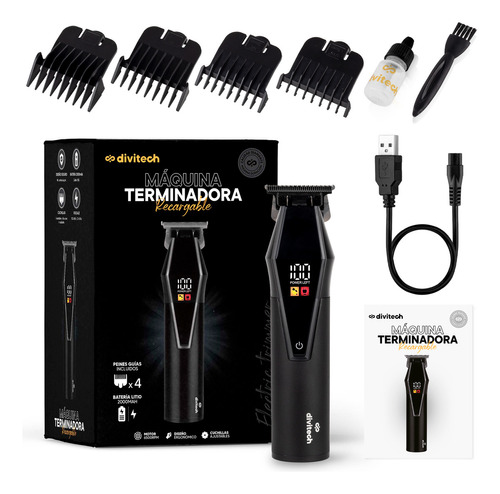 Máquina Cortapelo Terminadora Profesional Divitech® Trimmer Black Cordless Pr-0088 Para Barberia Color Negro 