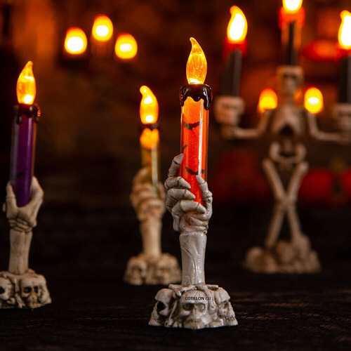 Vela Led Luminosa Calavera Halloween Craneo Mano Naranja