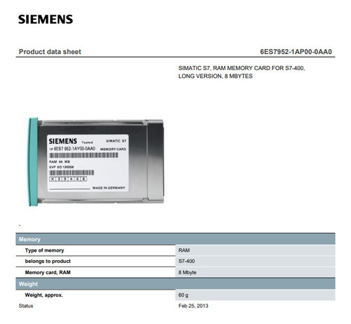 Tarjeta De Memoria Ram 6es7952-1ap00-0aa0 8mb Siemens