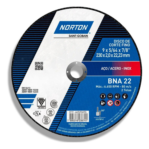 Disco Abrasivo Norton 9  X 5/64  X 7/8  Bna22 Corte Metal