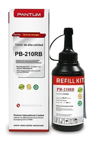 Kit Toner Pb-210rb Recarga Pantum P2500w M6550nw 1600 Pagina