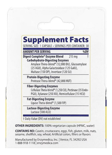 Enzymedica Digest Fórmula Enzimática Completa 30 Caps Sabor Sin Sabor